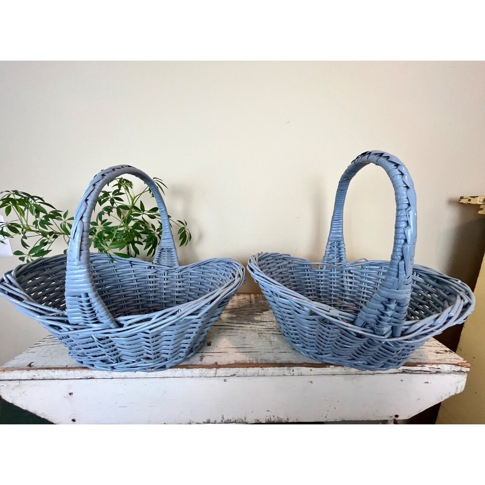 Vintage Primitive Grey Blue Rustic Buttocks Baskets (Set Of 2) Farmhouse Decor